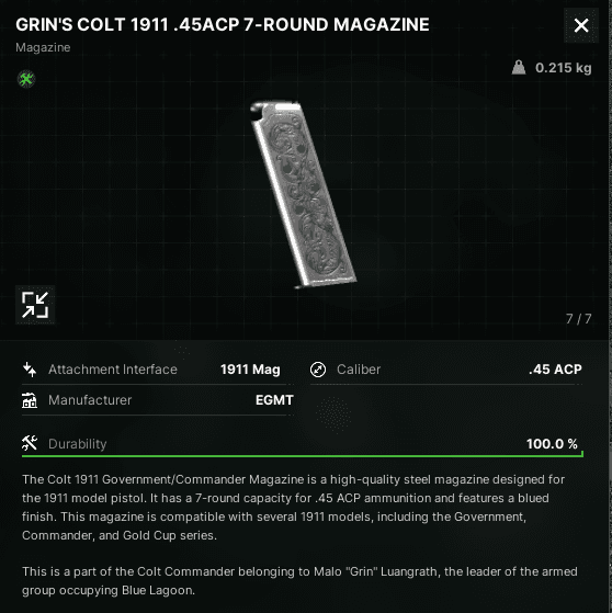Grin's Colt 1911 .45ACP 7-Round Magazine